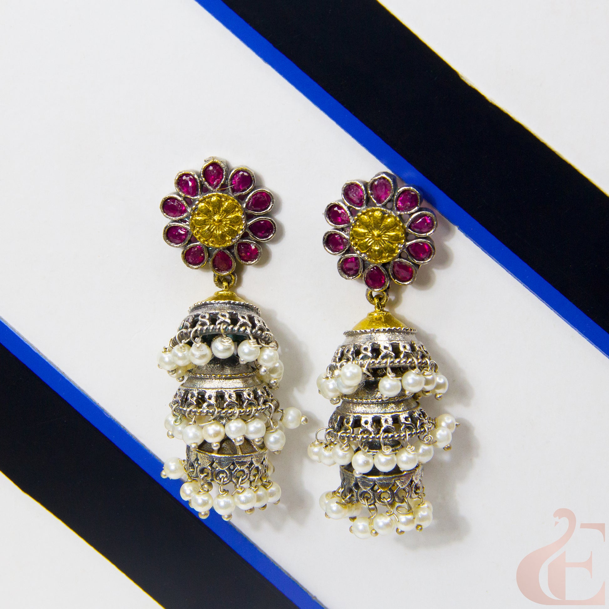 Front view of Stylish Silver Replica 3 Layer Long Jhumka Earrings Ruby Stone