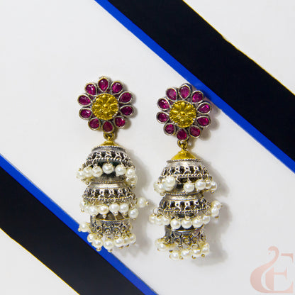 Front view of Stylish Silver Replica 3 Layer Long Jhumka Earrings Ruby Stone