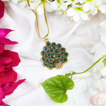 Peacock feather pendant necklace on a floral background