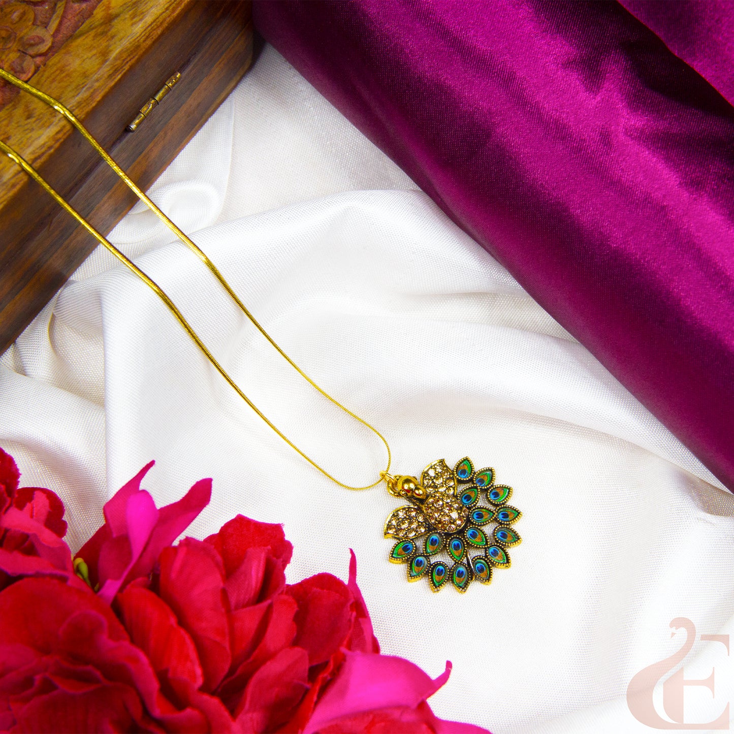 Top view of Stylish peacock pendant chain with a simple, elegant design — perfect for daily wear.
