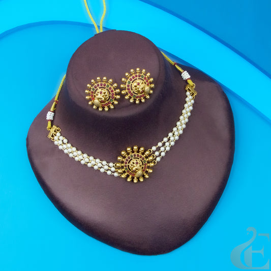 Top view of Three Layers White Pearl Choker Set Ruby Green Stones