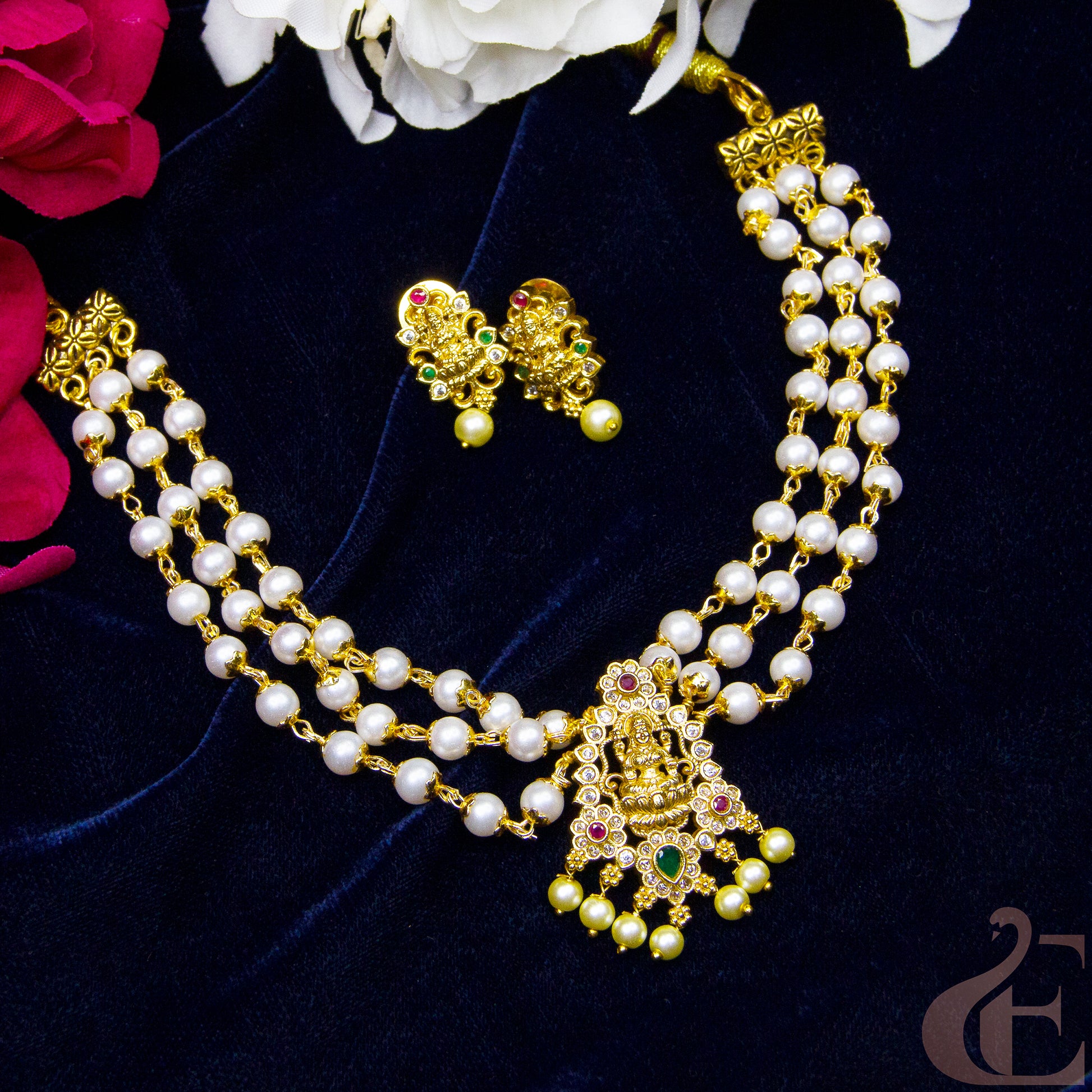 Top view of Three Layers White Pearl Temple Choker Set ruby green stones 127