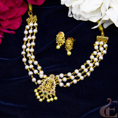 Top view of Three Layers White Pearl Temple Choker Set ruby green stones 127