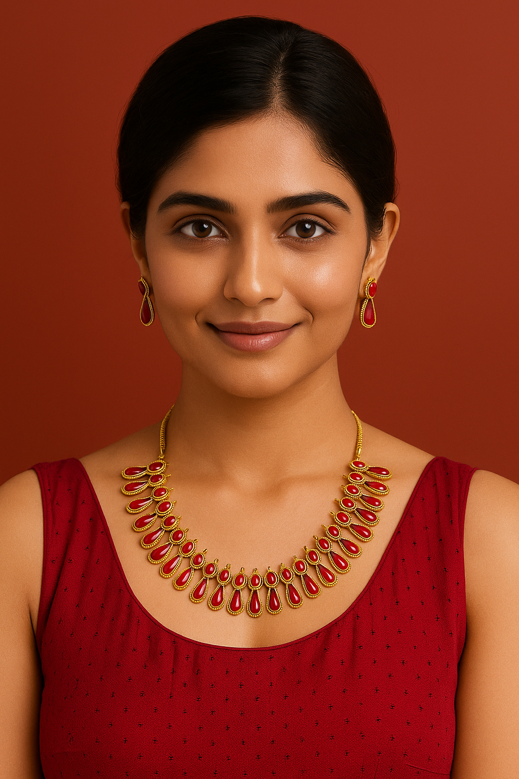 Woman wearing a red and gold necklace with matching earrings against a red background
