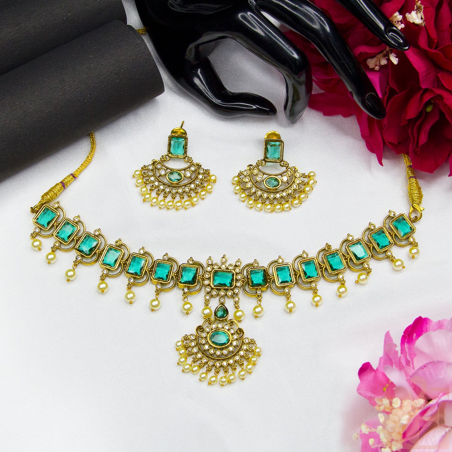Premium AD  Necklace & Earrings , Aqua green stones 