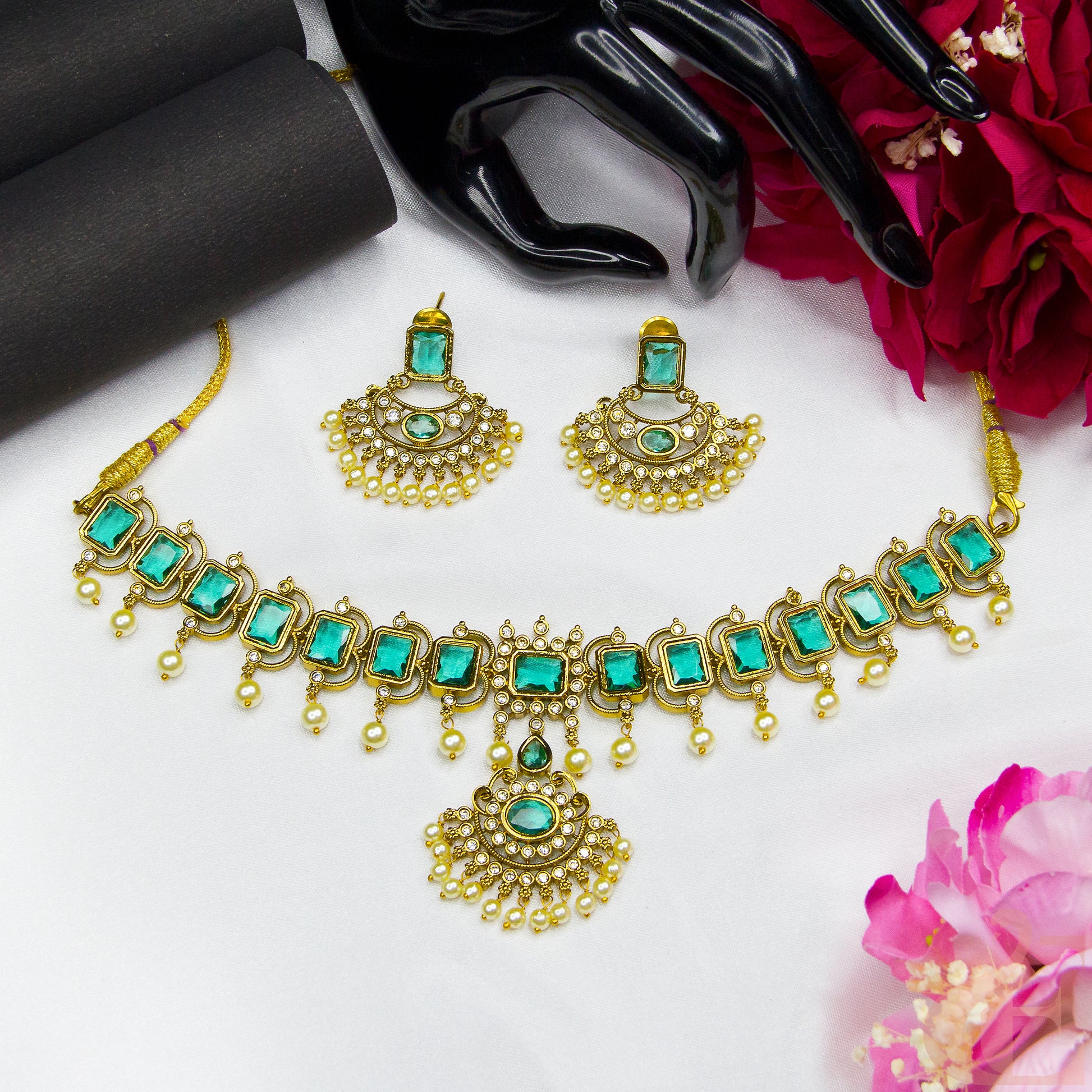 Premium AD  Necklace & Earrings , Aqua green stones 