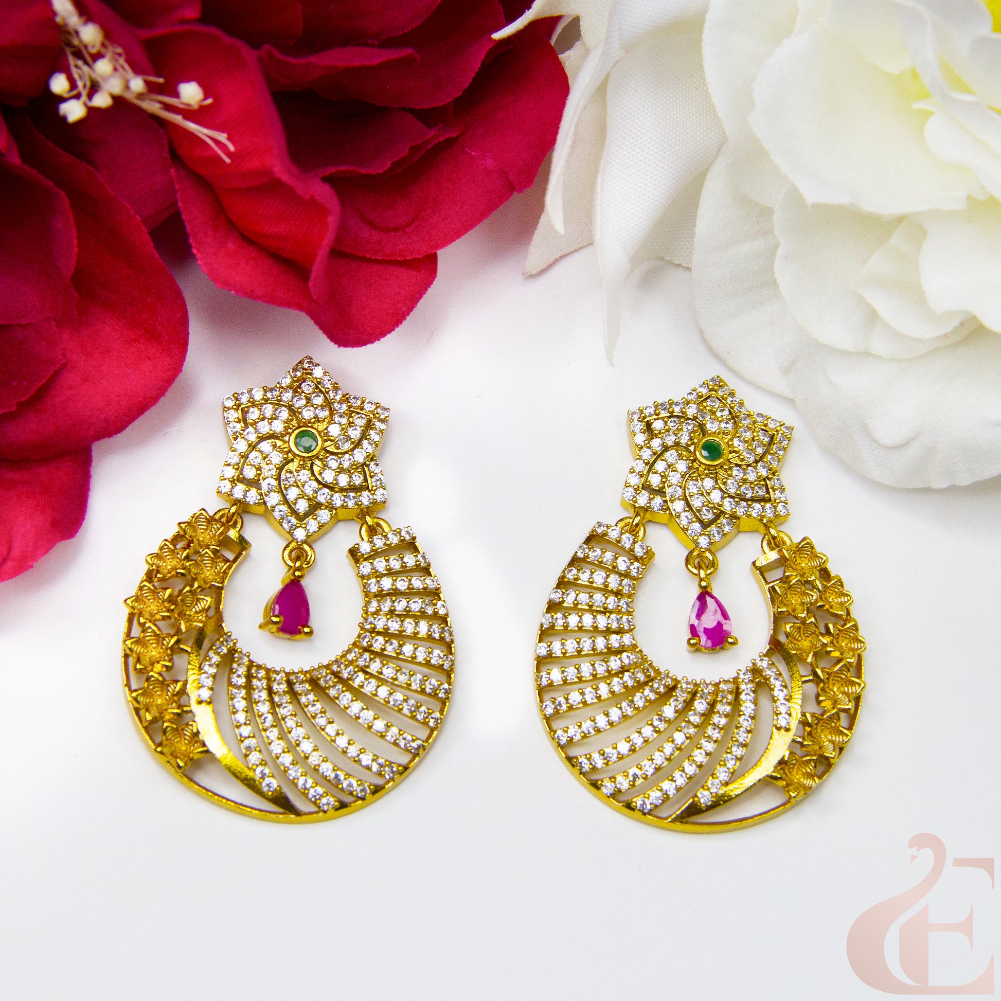 Top view of Premium Antique AD Earrings , ruby green stones 