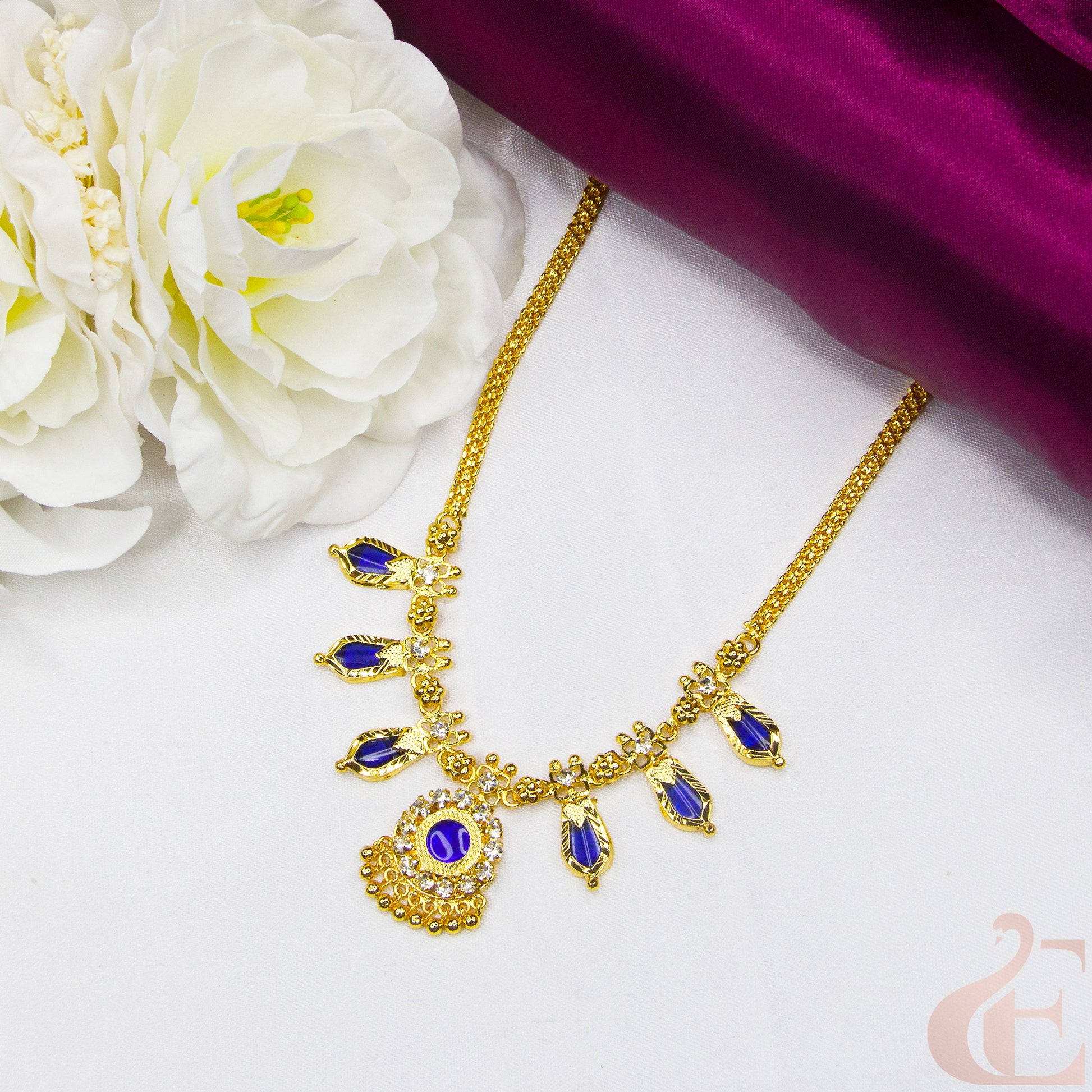 Top view of Traditional Kerala AD Nagapadam Necklace Blue White stones 
