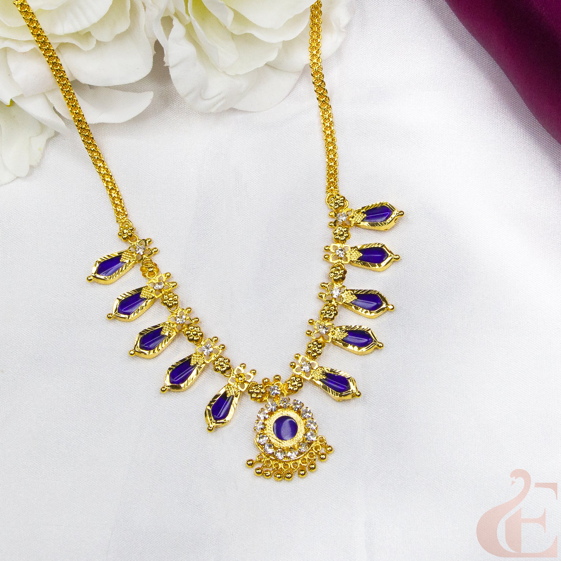 Top view of Traditional Kerala AD Nagapadam Necklace  Blue stones 