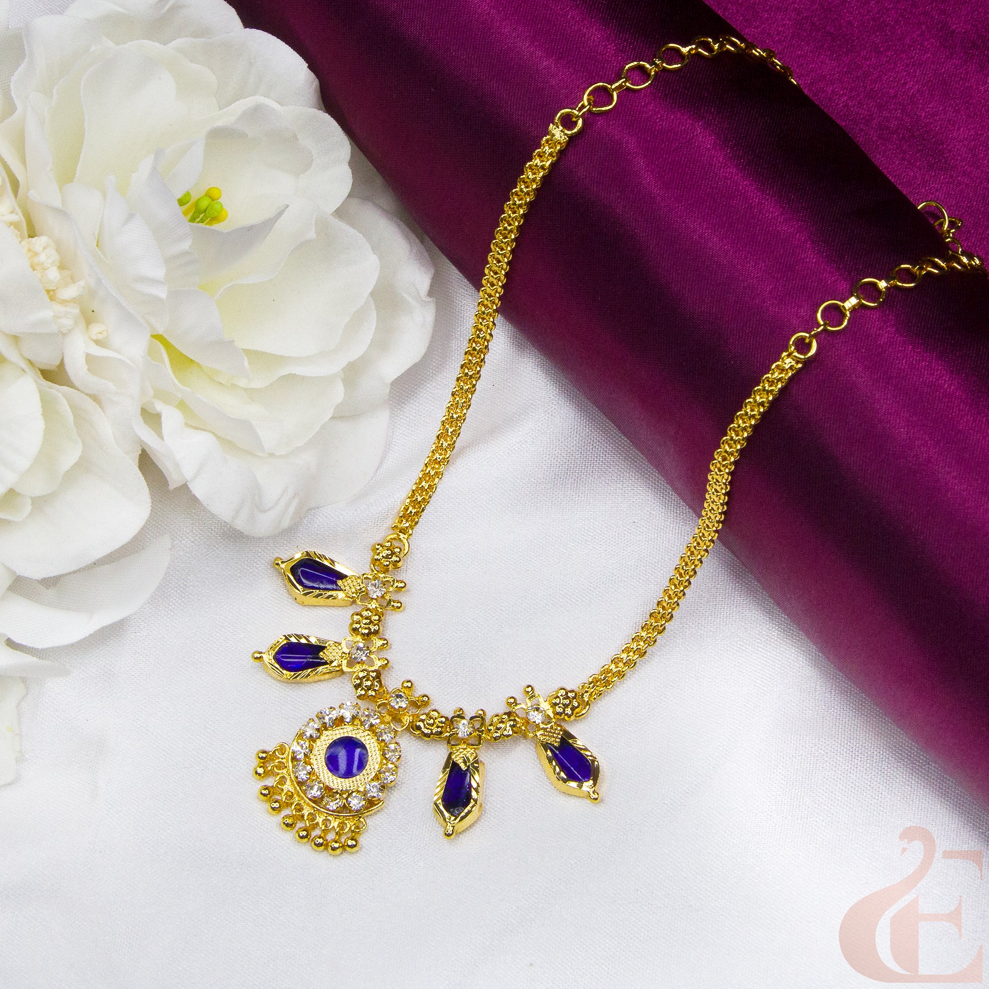 Top view of Traditional Kerala AD Nagapadam Palakka Necklace Blue white 