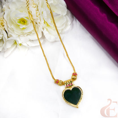 Top view of Traditional Kerala AD Palakka Heart Pendant Necklace Green & Ruby Stones 