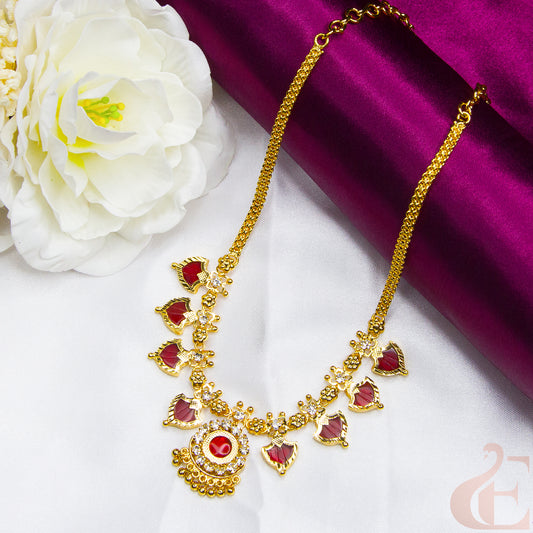 Top view of Traditional Palakka Necklace , Red and white ad stones 