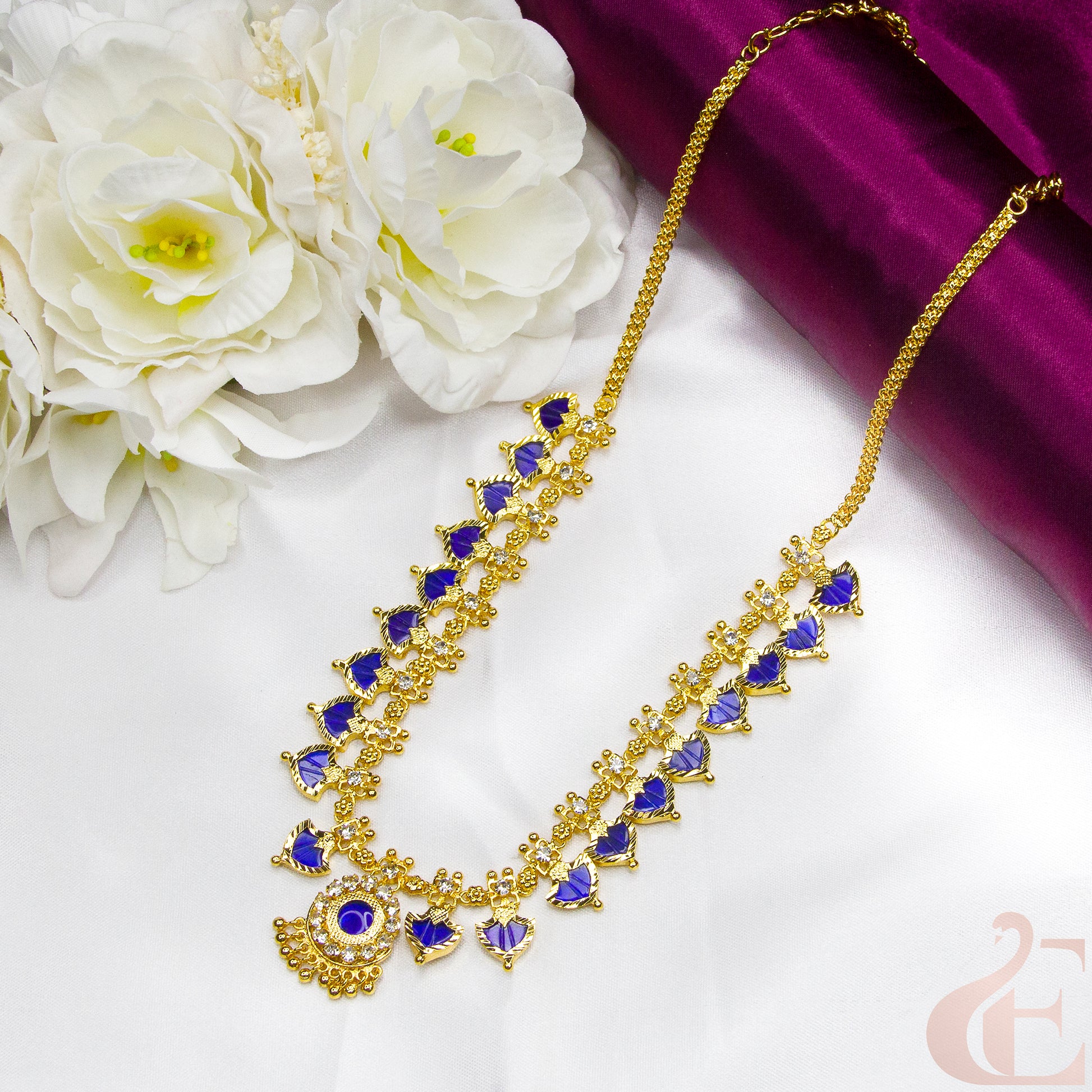 Top view of Traditional Palakka Necklace blue and white stones 