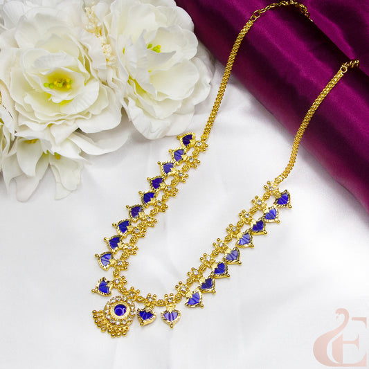 Top view of Traditional Palakka Necklace blue and white stones 