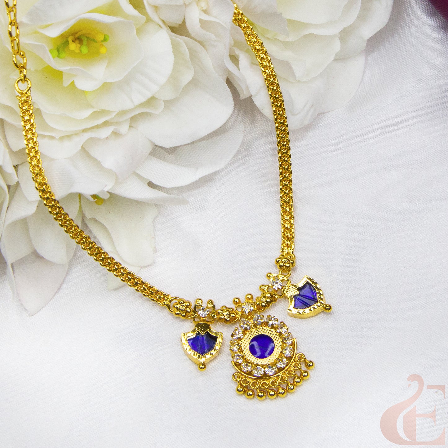 Top view of Traditional Palakka Necklace Blue white 