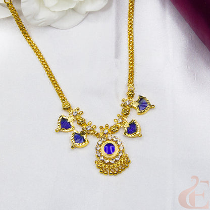 Top view of Traditional Palakka Necklace Blue Stones and small white stones 