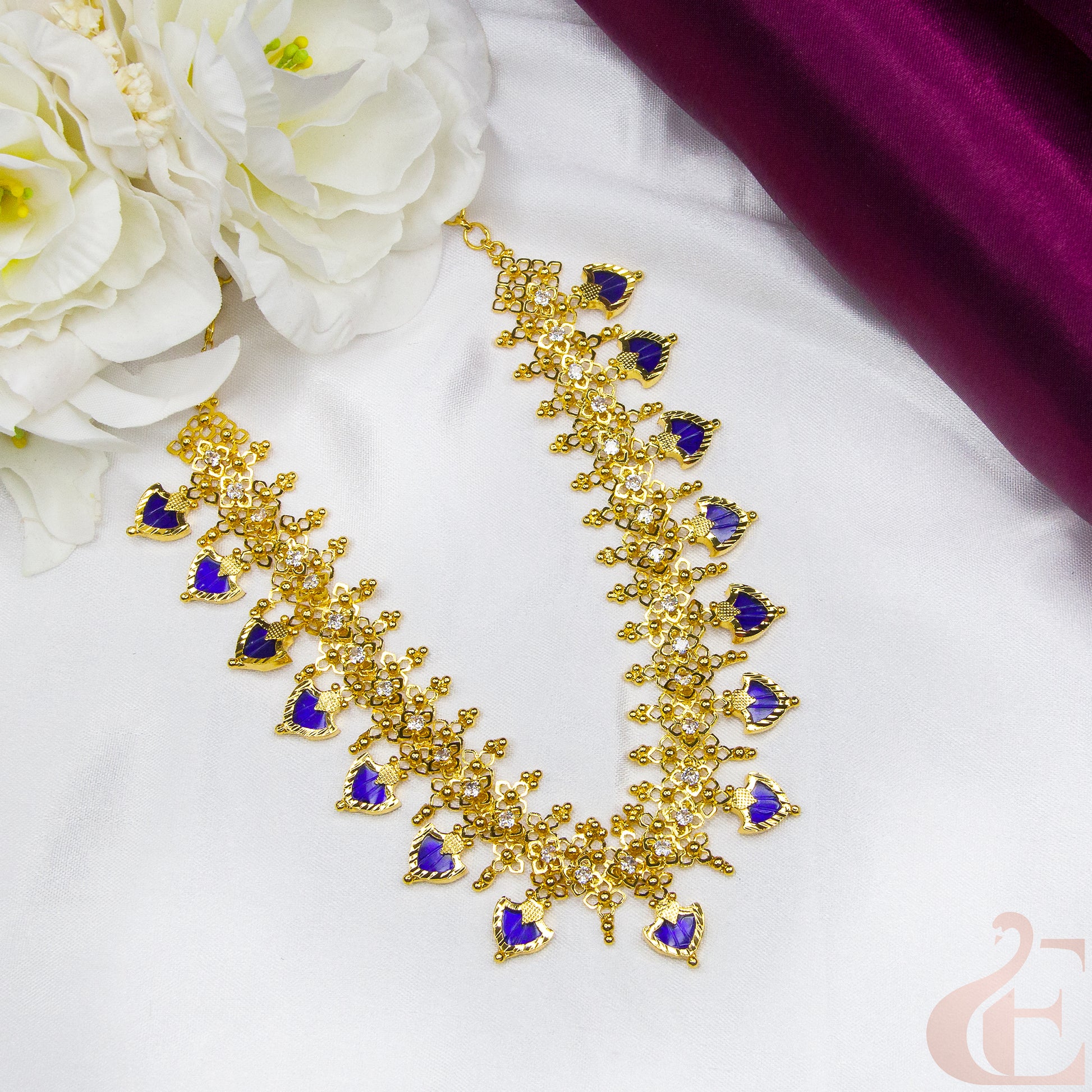 Top view of Traditional Palakka Necklace Blue white 