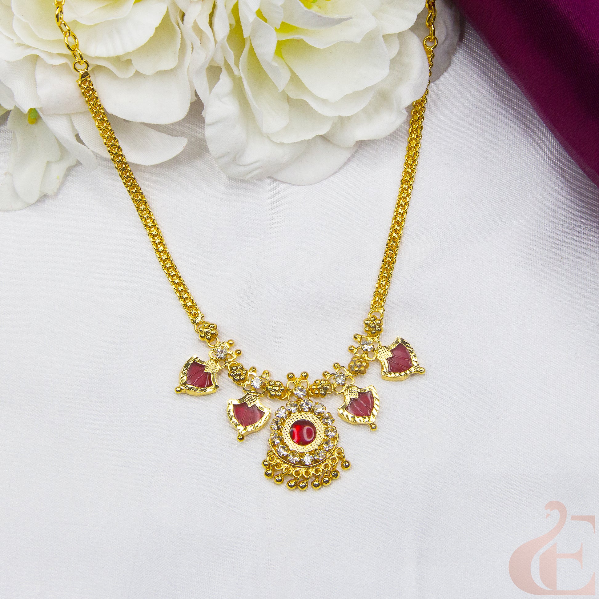 Top view of Traditional Palakka Necklace Red Stones and small white stones 90