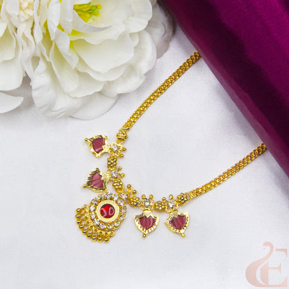 Top view of Traditional Palakka Necklace Red Stones and small white stones 