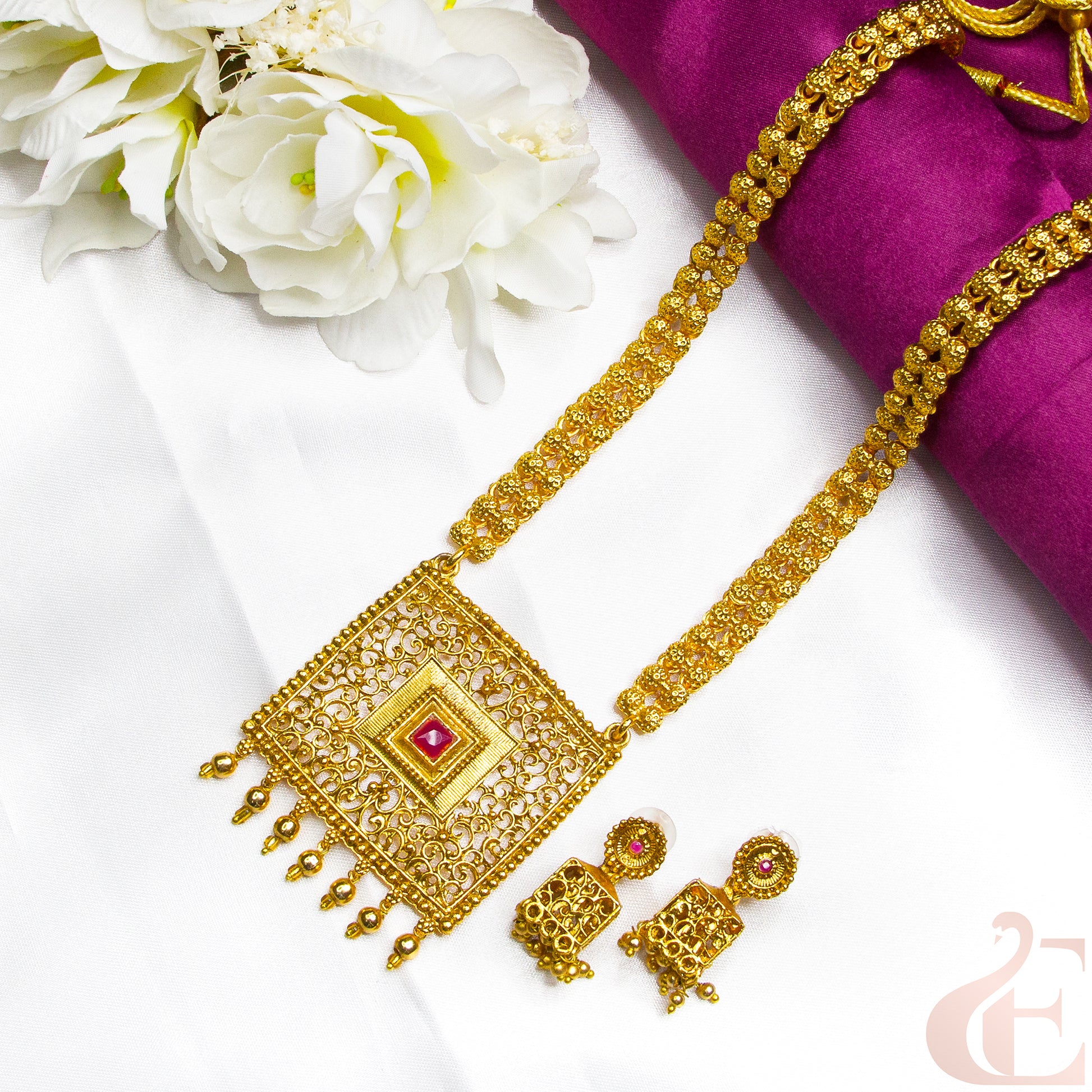 Top view of Trending Matte Square Pendant Haram Long Chain Antique Necklace Set with Earrings 