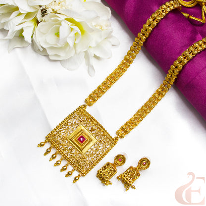 Top view of Trending Matte Square Pendant Haram Long Chain Antique Necklace Set with Earrings 