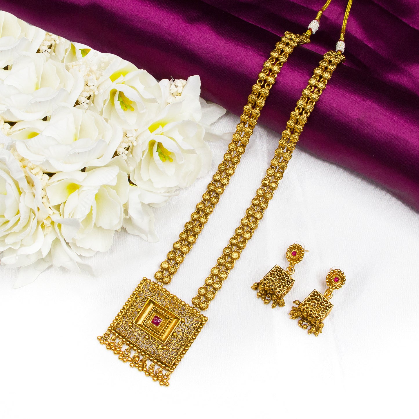 Top view of Trending Matte Square Pendant Haram Long Chain Necklace Set with Earrings  , Ruby stones