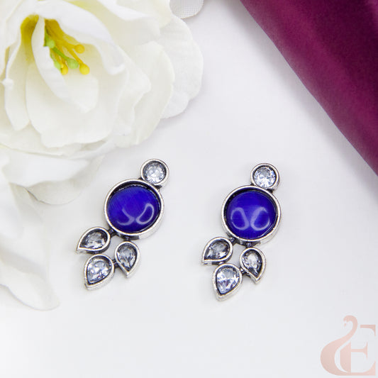 Top view of Trendy Oxidized Silver Earring Blue and white Stone 