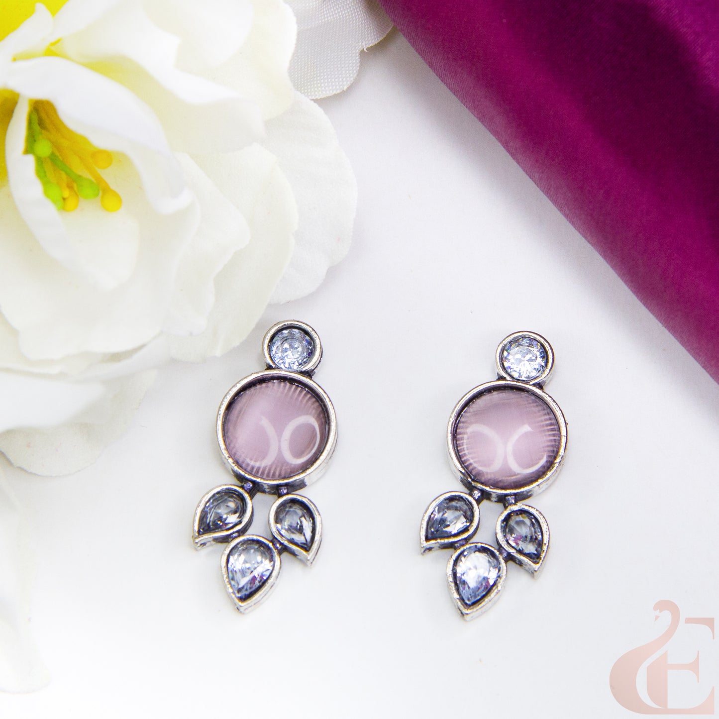 Top view of Trendy Oxidized Silver Earring Light pink and white Stone 