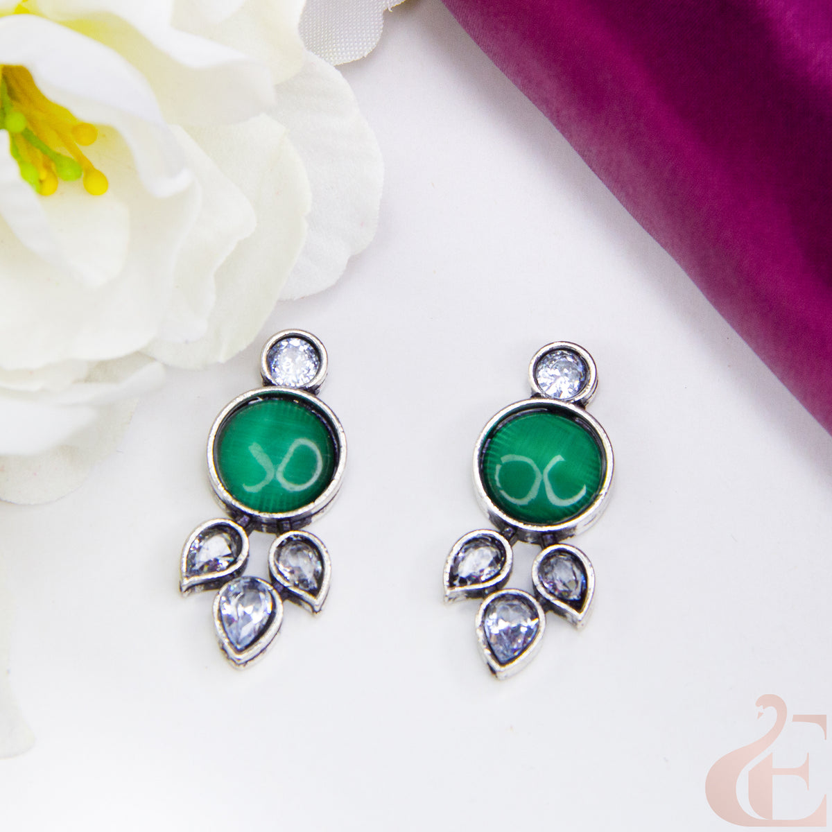 Top view of Trendy Oxidized Silver Earring green and white Stone 03
