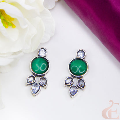 Top view of Trendy Oxidized Silver Earring green and white Stone 03