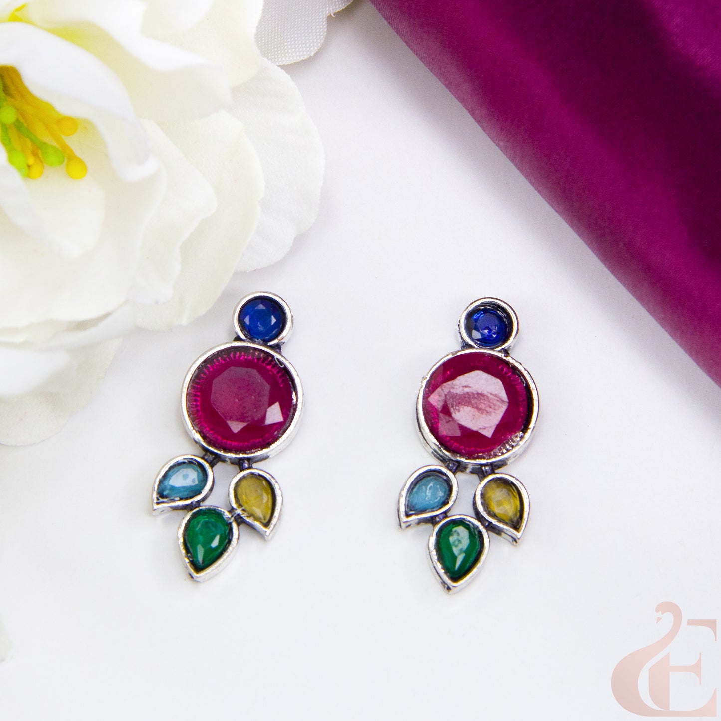 Top view of Trendy Oxidized Silver Earring multi color Stone 03