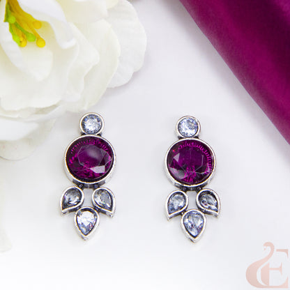 Top view of Trendy Oxidized Silver Earring rani pink & white Stone 