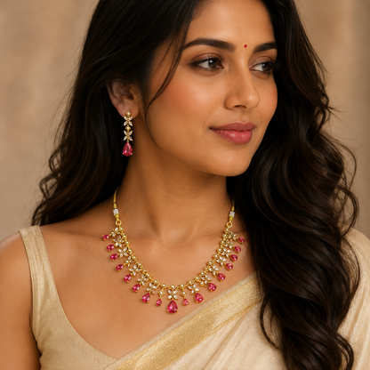 Woman wearing a gold and red gemstone necklace with earrings against a beige background