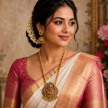 Woman wearing a traditional saree with jewelry indoors