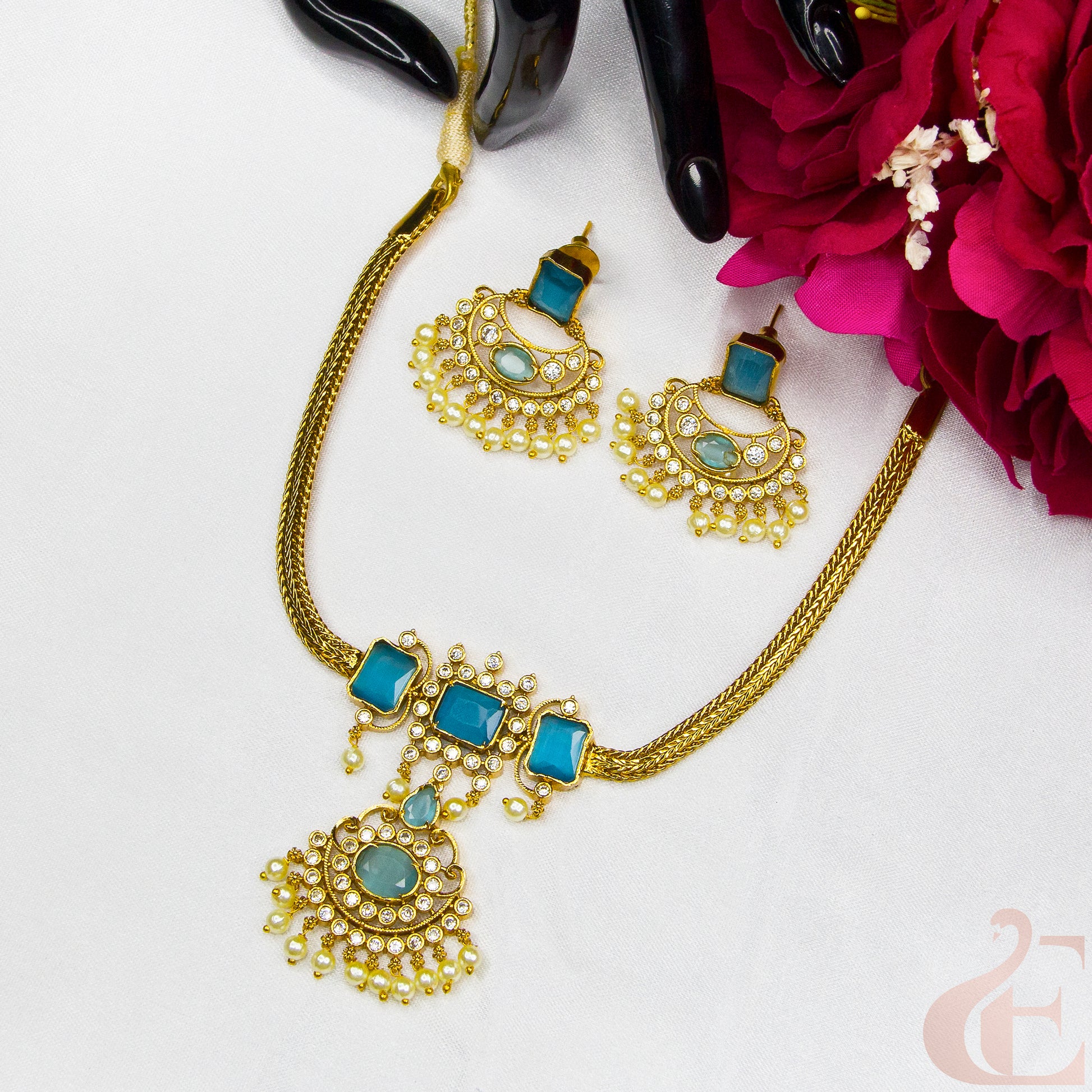 Top view of ocean blue stones Antique AD Choker & Earrings 