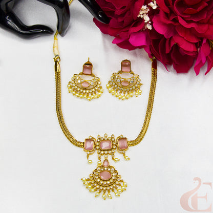 Top view of pink stones Antique AD Choker & Earrings 