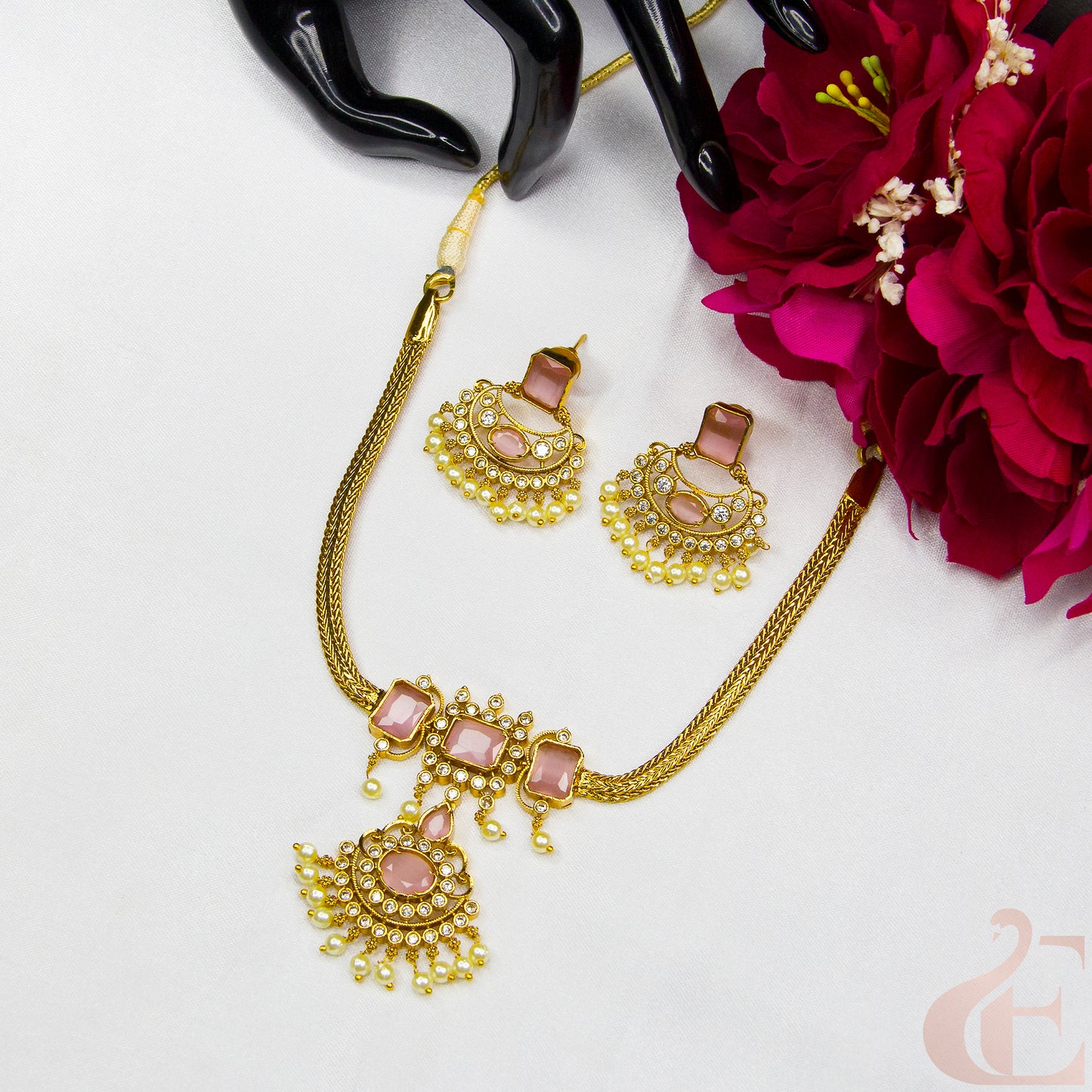 Top view of pink stones Antique AD Choker & Earrings 