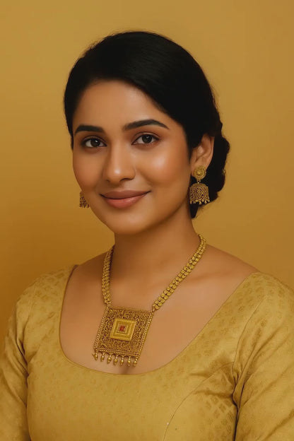 Trending Matte Square Pendant Haram Long Chain Antique Necklace Set with Earrings 108