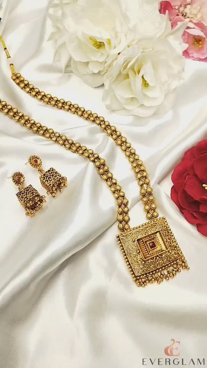 Trending Matte Square Pendant Haram Long Chain Antique Necklace Set with Earrings 13