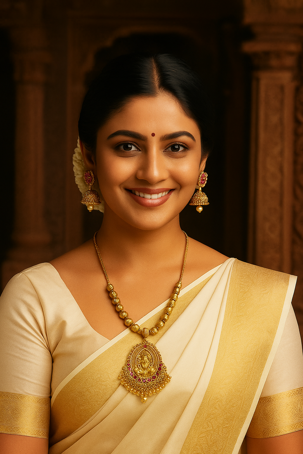 Woman wearing a traditional gold saree with jewelry indoors