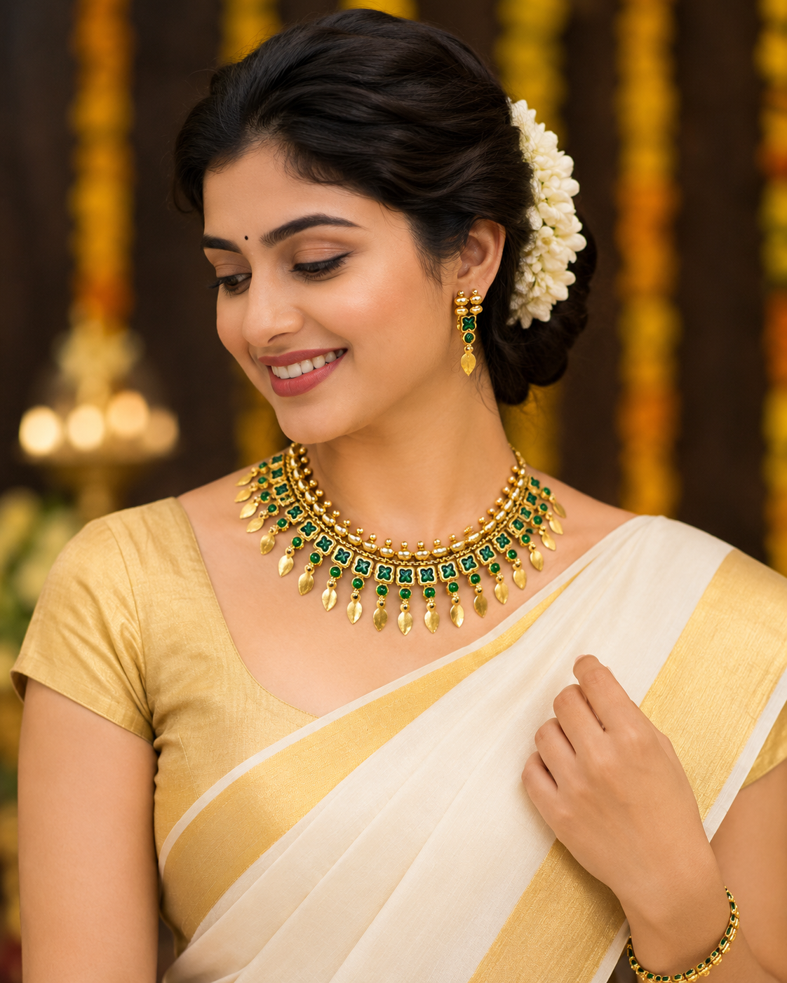 A woman wearing a gold and green traditional necklace with matching earrings and a bracelet, styled with a white and gold sari and a white flower in her hair.